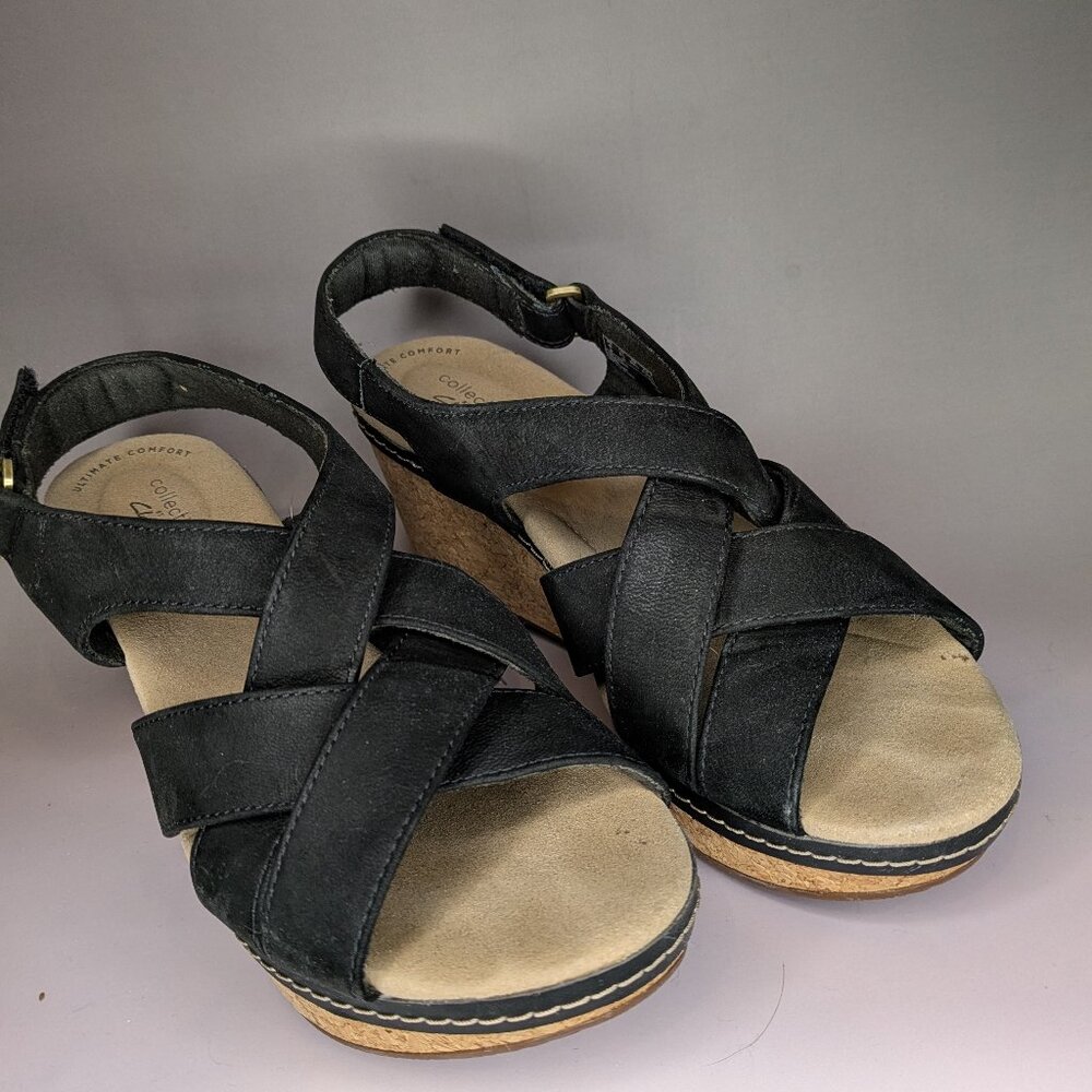Clarks Rose Wedge Sandal in Black suede Size 8.5 EU 39